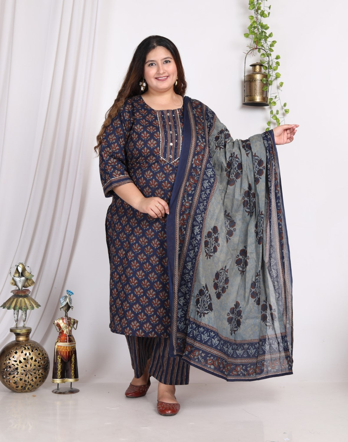 Plus Size Dark Blue Cotton Printed Kurta Pant Set with Dupatta-200005 Main image