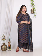 Plus Size Dark Blue Cotton Printed Kurta Pant Set with Dupatta-200005