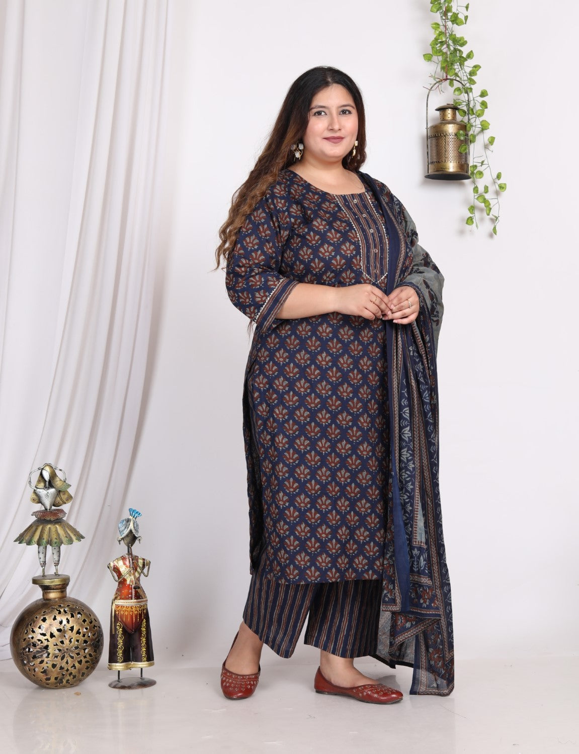 Plus Size Dark Blue Cotton Printed Kurta Pant Set with Dupatta-200005