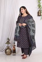 Plus Size Dark Blue Cotton Printed Kurta Pant Set with Dupatta-200005