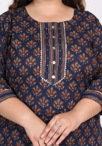 Plus Size Dark Blue Cotton Printed Kurta Pant Set with Dupatta-200005
