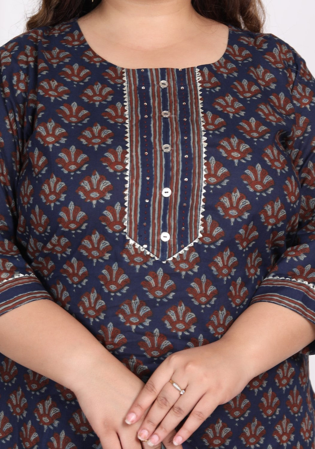 Plus Size Dark Blue Cotton Printed Kurta Pant Set with Dupatta-200005