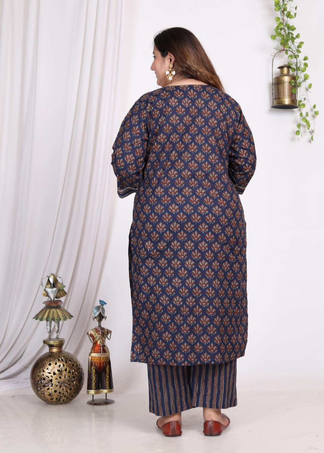 Plus Size Dark Blue Cotton Printed Kurta Pant Set with Dupatta-200005