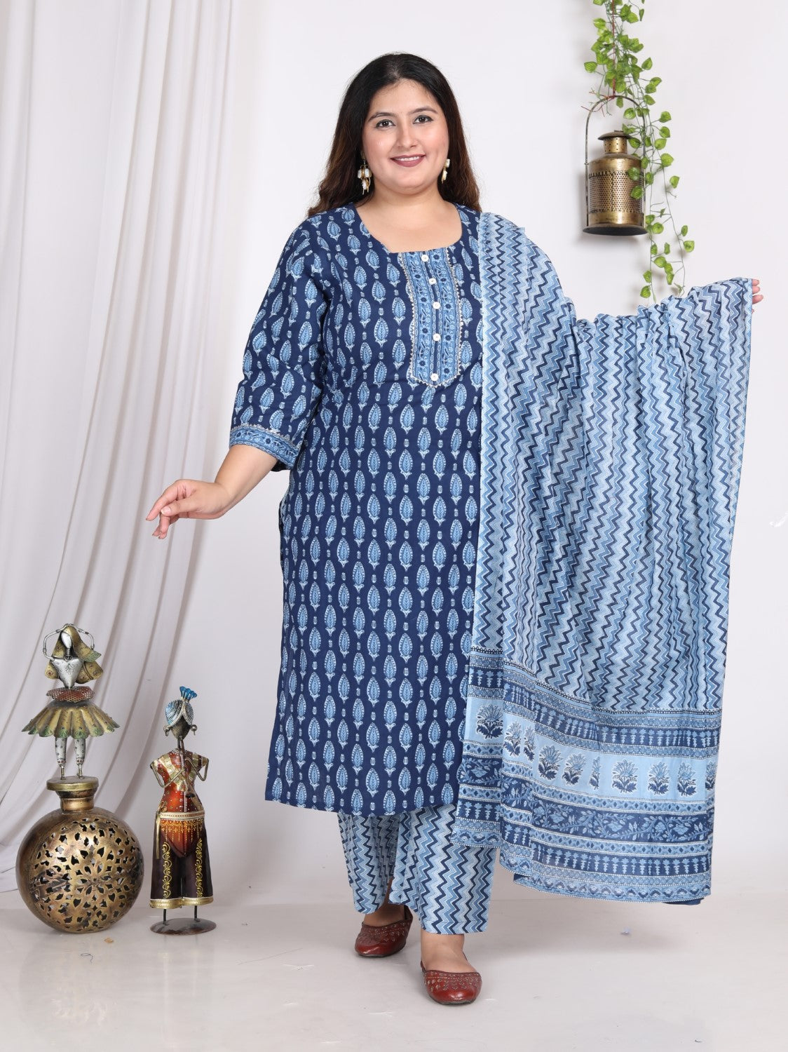 Plus Size Light Blue Cotton Printed Kurta Pant Set with Dupatta-200006
