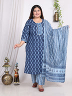 Plus Size Light Blue Cotton Printed Kurta Pant Set with Dupatta-200006
