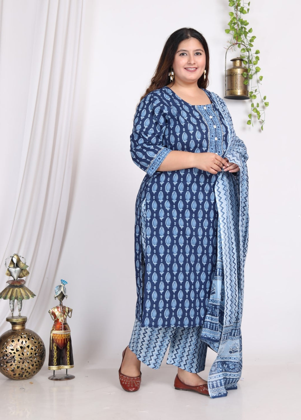 Plus Size Light Blue Cotton Printed Kurta Pant Set with Dupatta-200006
