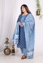 Plus Size Light Blue Cotton Printed Kurta Pant Set with Dupatta-200006