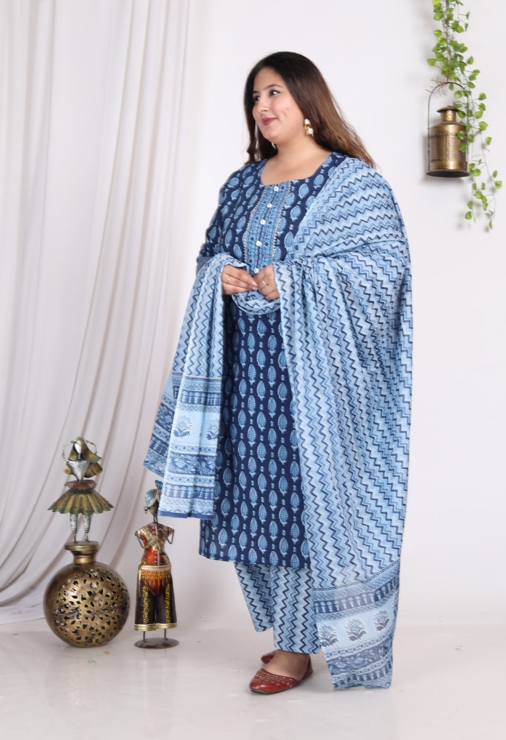 Plus Size Light Blue Cotton Printed Kurta Pant Set with Dupatta-200006