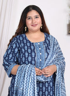 Plus Size Light Blue Cotton Printed Kurta Pant Set with Dupatta-200006