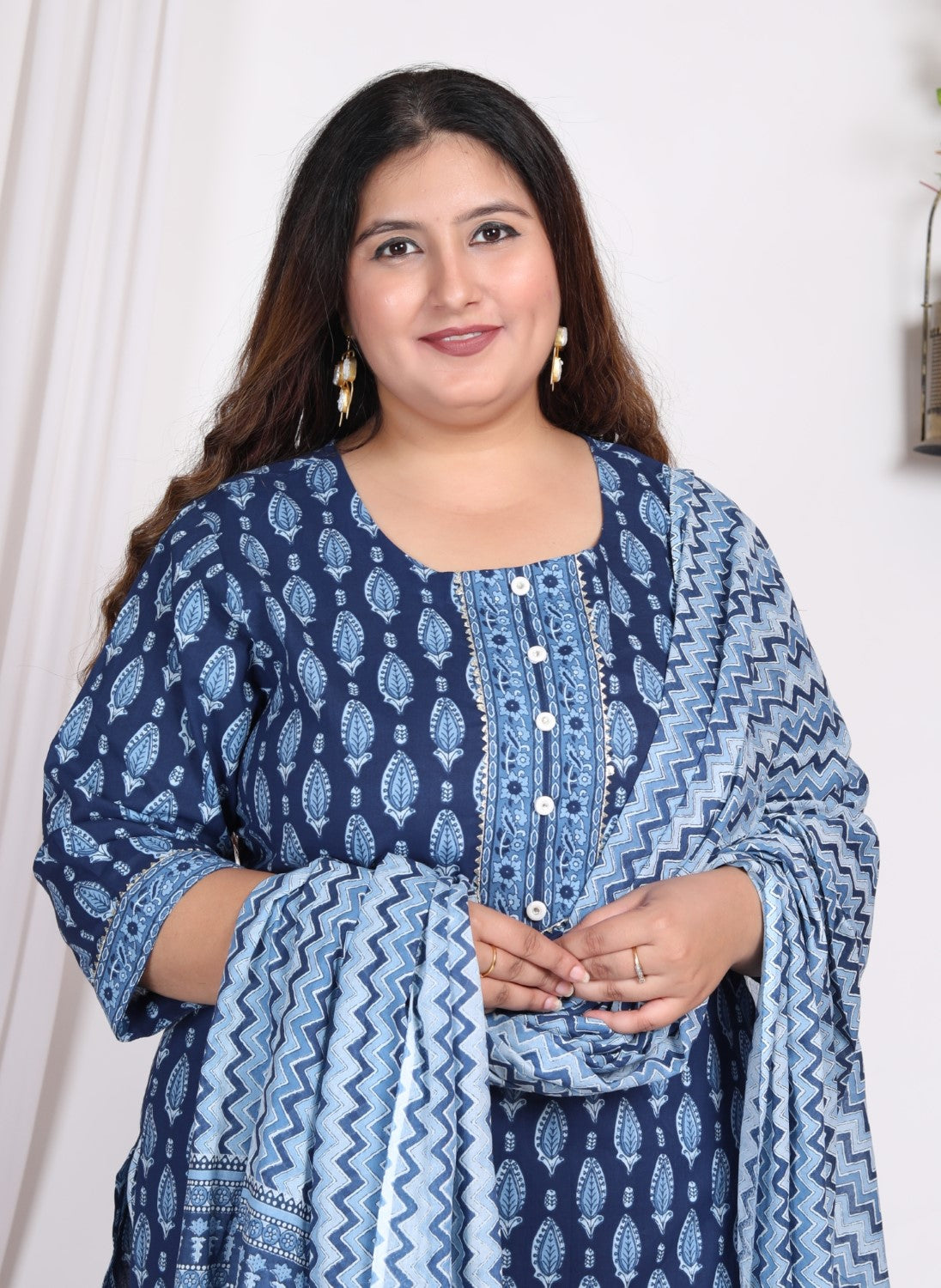 Plus Size Light Blue Cotton Printed Kurta Pant Set with Dupatta-200006