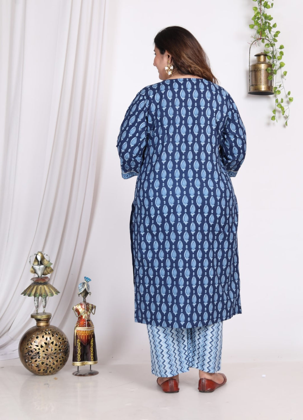 Plus Size Light Blue Cotton Printed Kurta Pant Set with Dupatta-200006