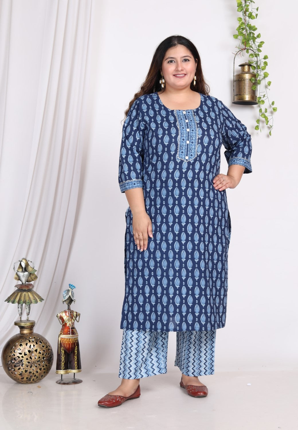Plus Size Light Blue Cotton Printed Kurta Pant Set with Dupatta-200006