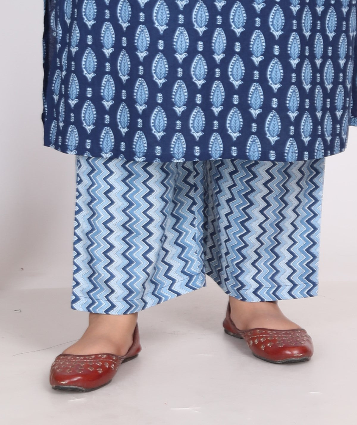 Plus Size Light Blue Cotton Printed Kurta Pant Set with Dupatta-200006