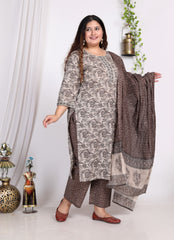 Plus Size Grey Cotton Printed Kurta Pant Set with Dupatta-200007