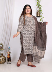 Plus Size Grey Cotton Printed Kurta Pant Set with Dupatta-200007
