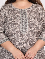 Plus Size Grey Cotton Printed Kurta Pant Set with Dupatta-200007