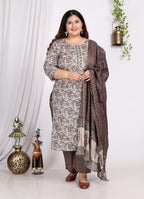 Plus Size Grey Cotton Printed Kurta Pant Set with Dupatta-200007
