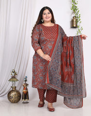 Plus Size Maroon Cotton Printed Kurta Pant Set with Dupatta-200008