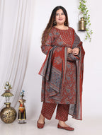 Plus Size Maroon Cotton Printed Kurta Pant Set with Dupatta-200008