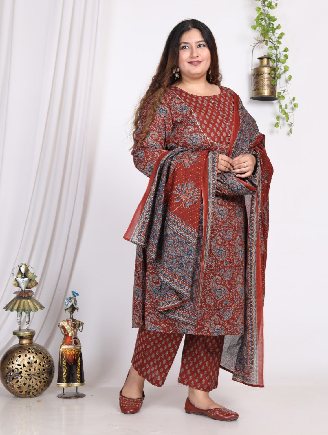 Plus Size Maroon Cotton Printed Kurta Pant Set with Dupatta-200008