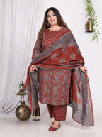 Plus Size Maroon Cotton Printed Kurta Pant Set with Dupatta-200008