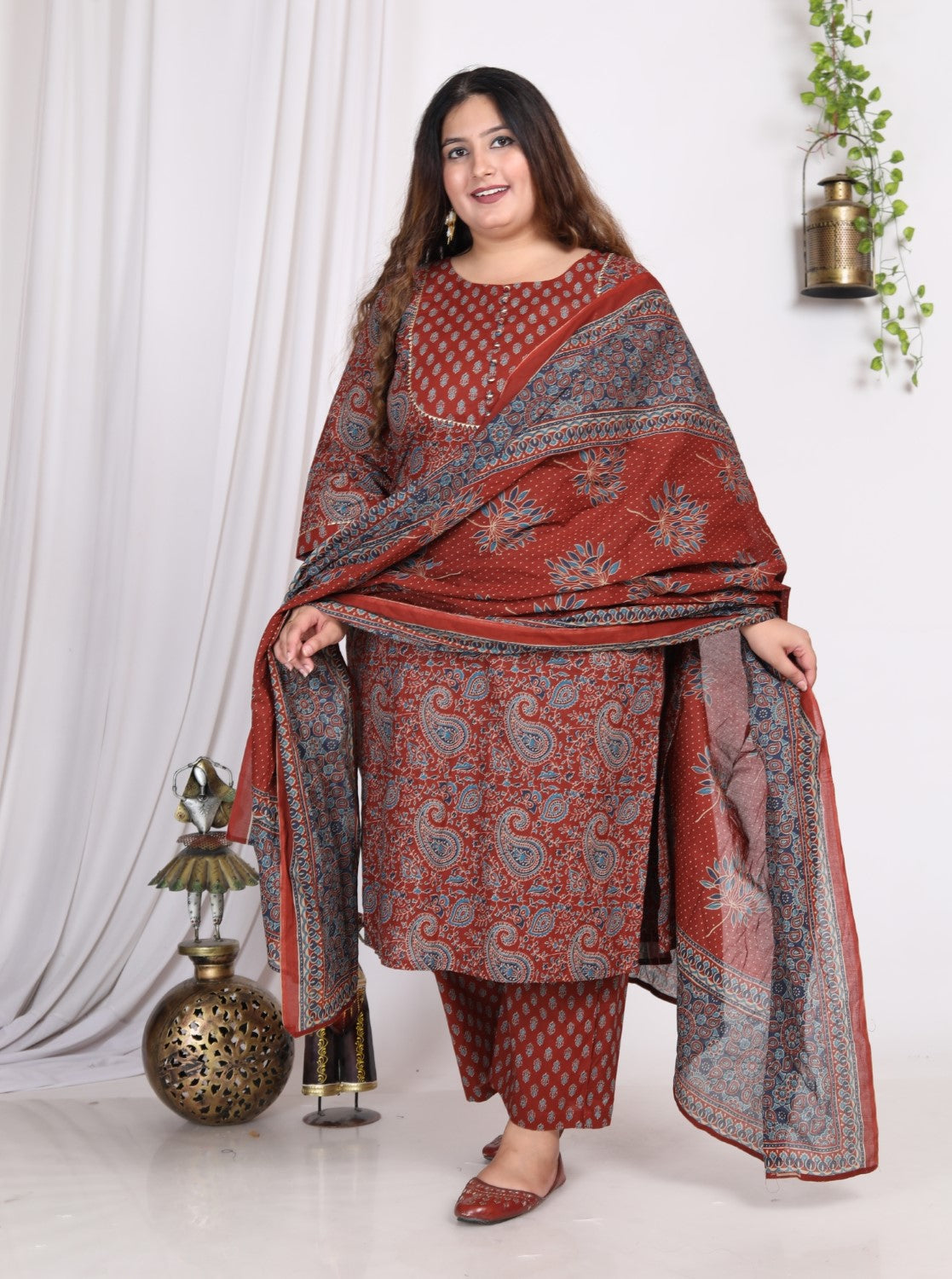 Plus Size Maroon Cotton Printed Kurta Pant Set with Dupatta-200008