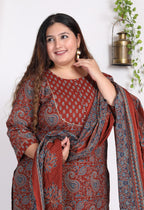 Plus Size Maroon Cotton Printed Kurta Pant Set with Dupatta-200008