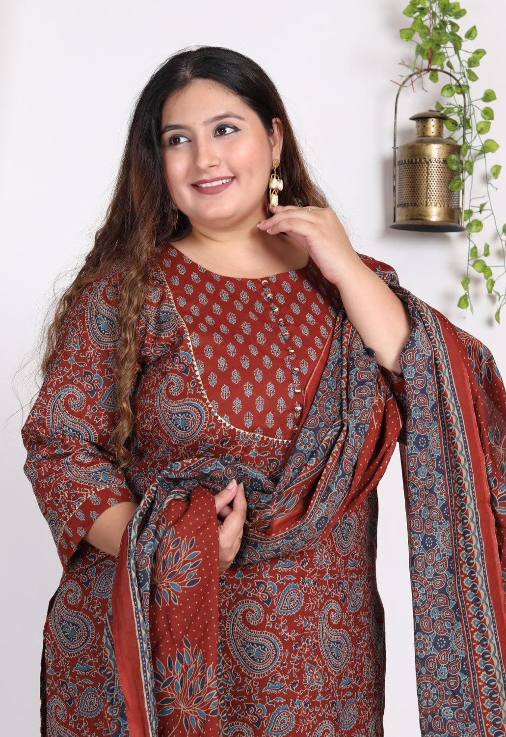 Plus Size Maroon Cotton Printed Kurta Pant Set with Dupatta-200008