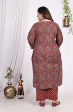 Plus Size Maroon Cotton Printed Kurta Pant Set with Dupatta-200008
