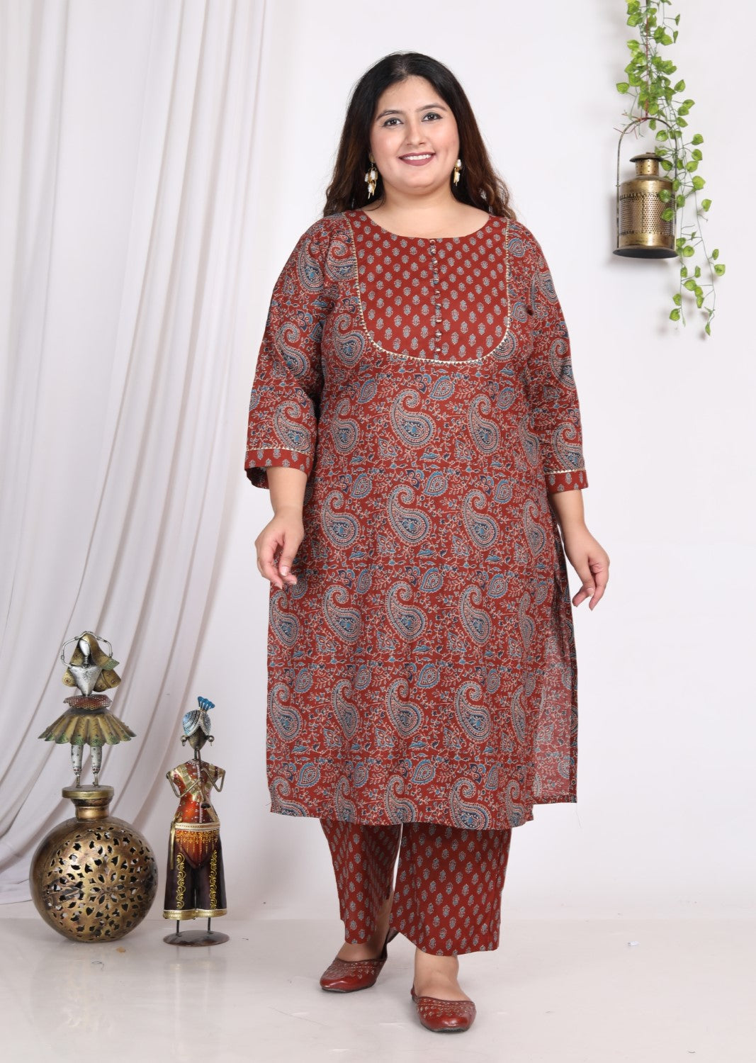 Plus Size Maroon Cotton Printed Kurta Pant Set with Dupatta-200008