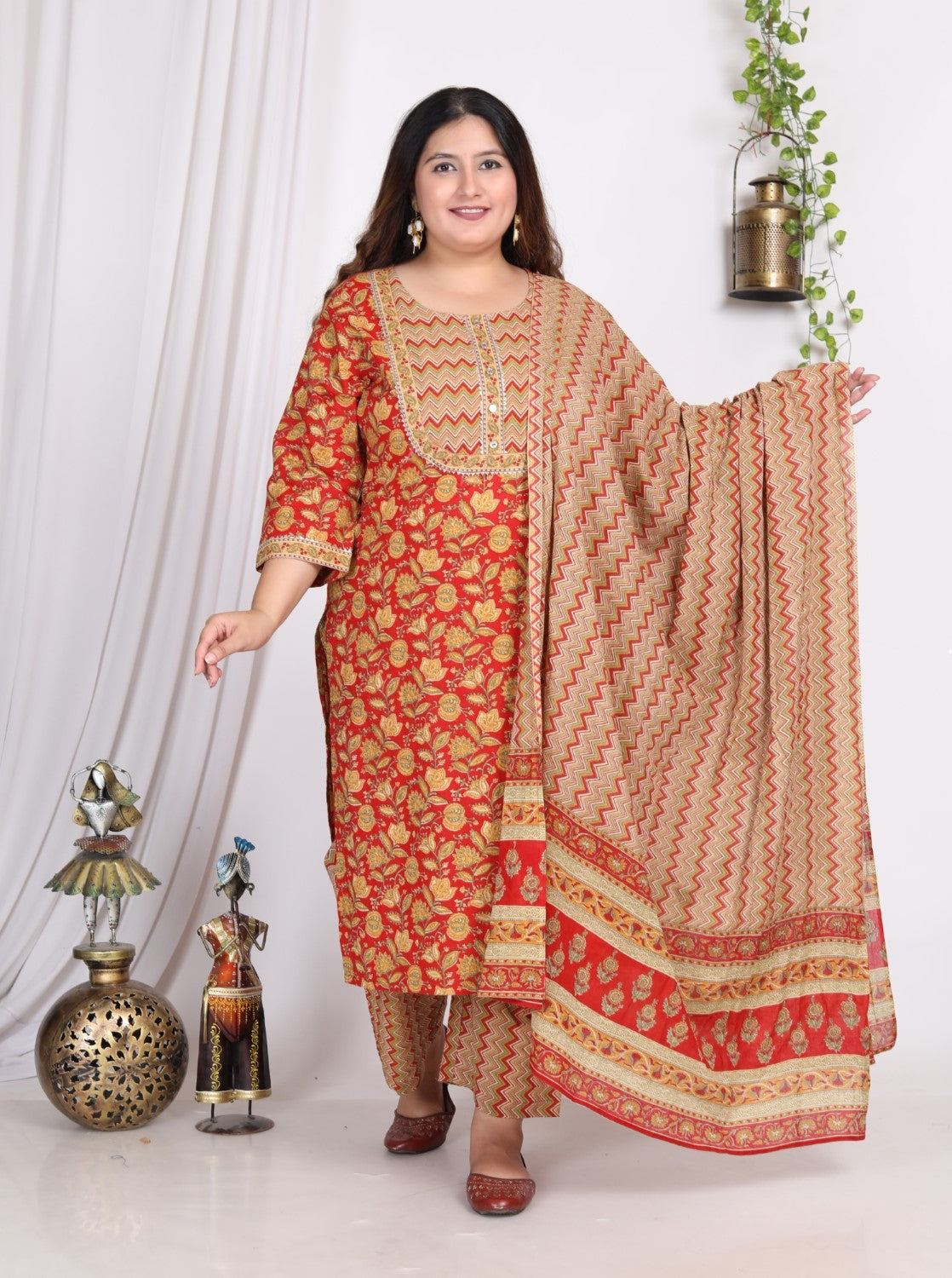 Plus Size Orange Cotton Printed Kurta Pant Set with Dupatta-200009 Secondary image