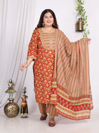Plus Size Orange Cotton Printed Kurta Pant Set with Dupatta-200009