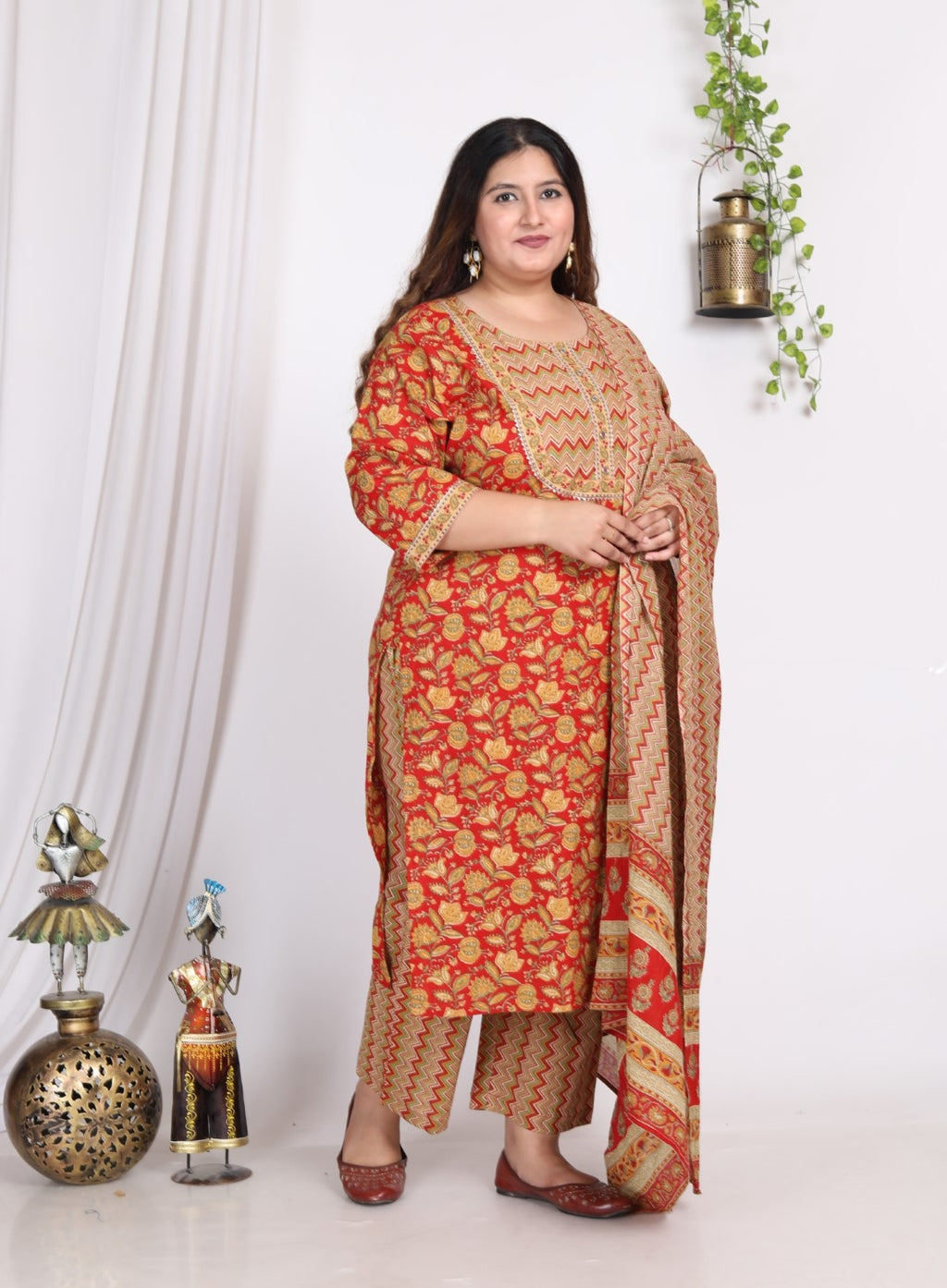 Plus Size Orange Cotton Printed Kurta Pant Set with Dupatta-200009