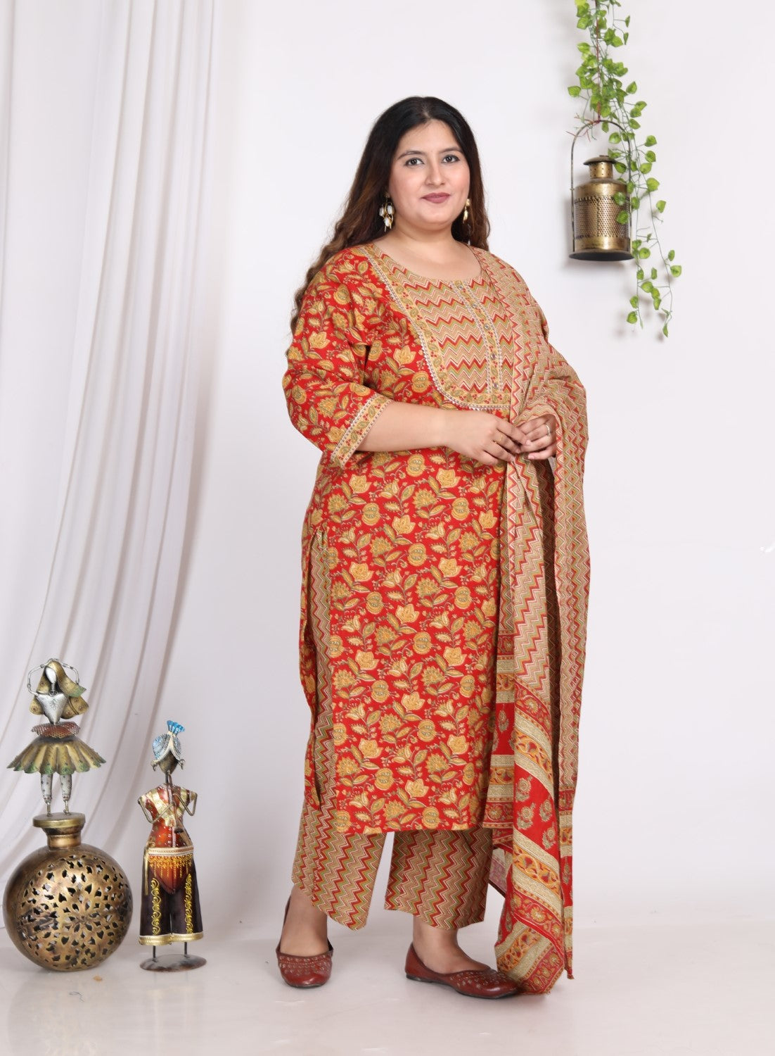Plus Size Orange Cotton Printed Kurta Pant Set with Dupatta-200009