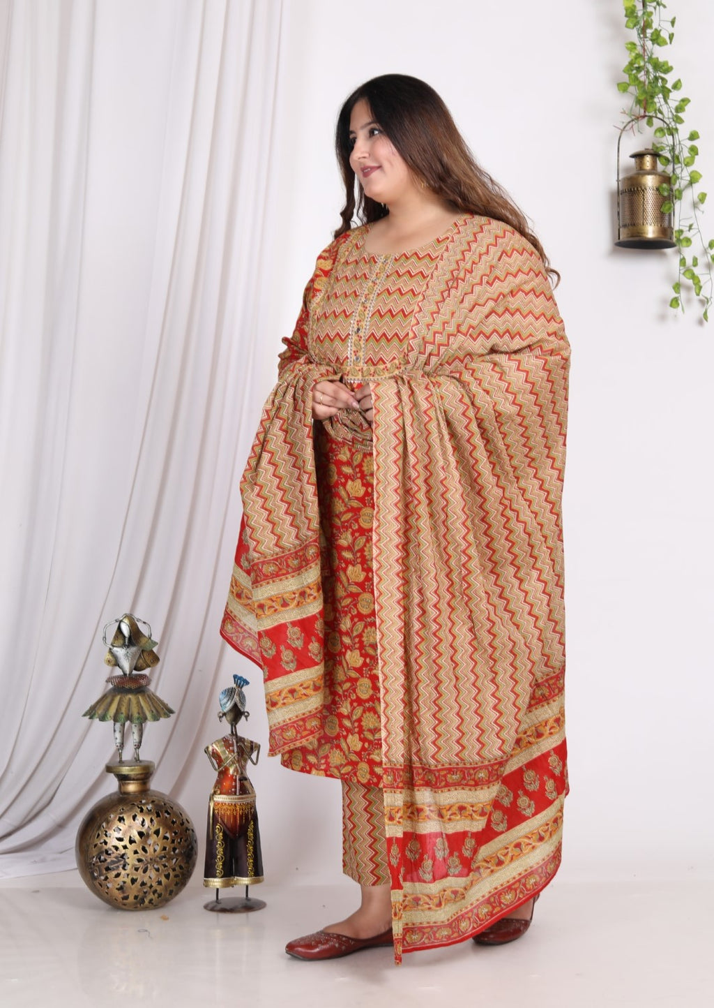 Plus Size Orange Cotton Printed Kurta Pant Set with Dupatta-200009