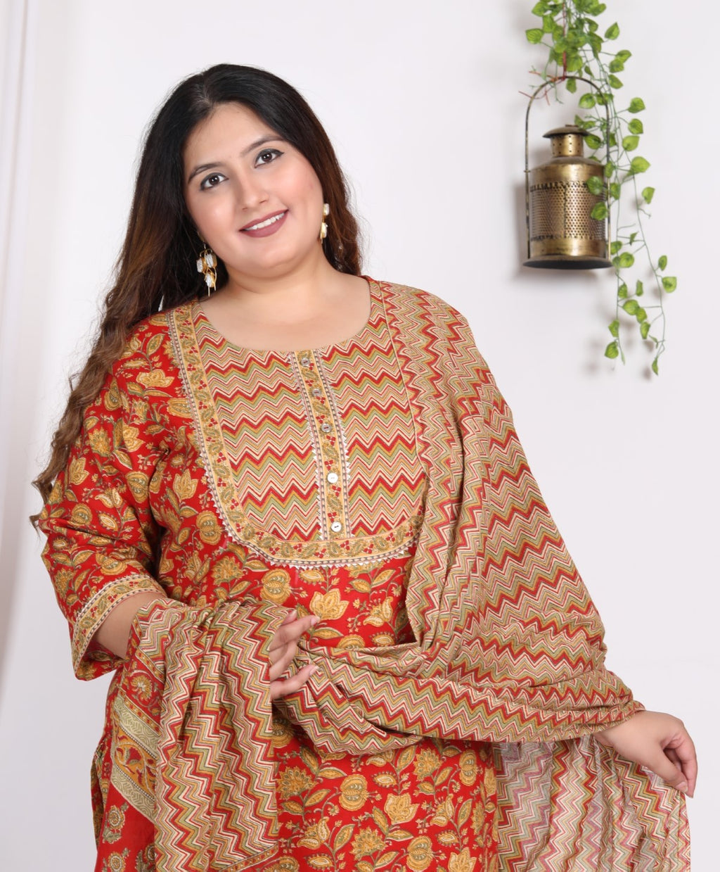 Plus Size Orange Cotton Printed Kurta Pant Set with Dupatta-200009