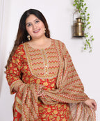 Plus Size Orange Cotton Printed Kurta Pant Set with Dupatta-200009