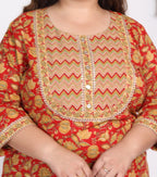 Plus Size Orange Cotton Printed Kurta Pant Set with Dupatta-200009