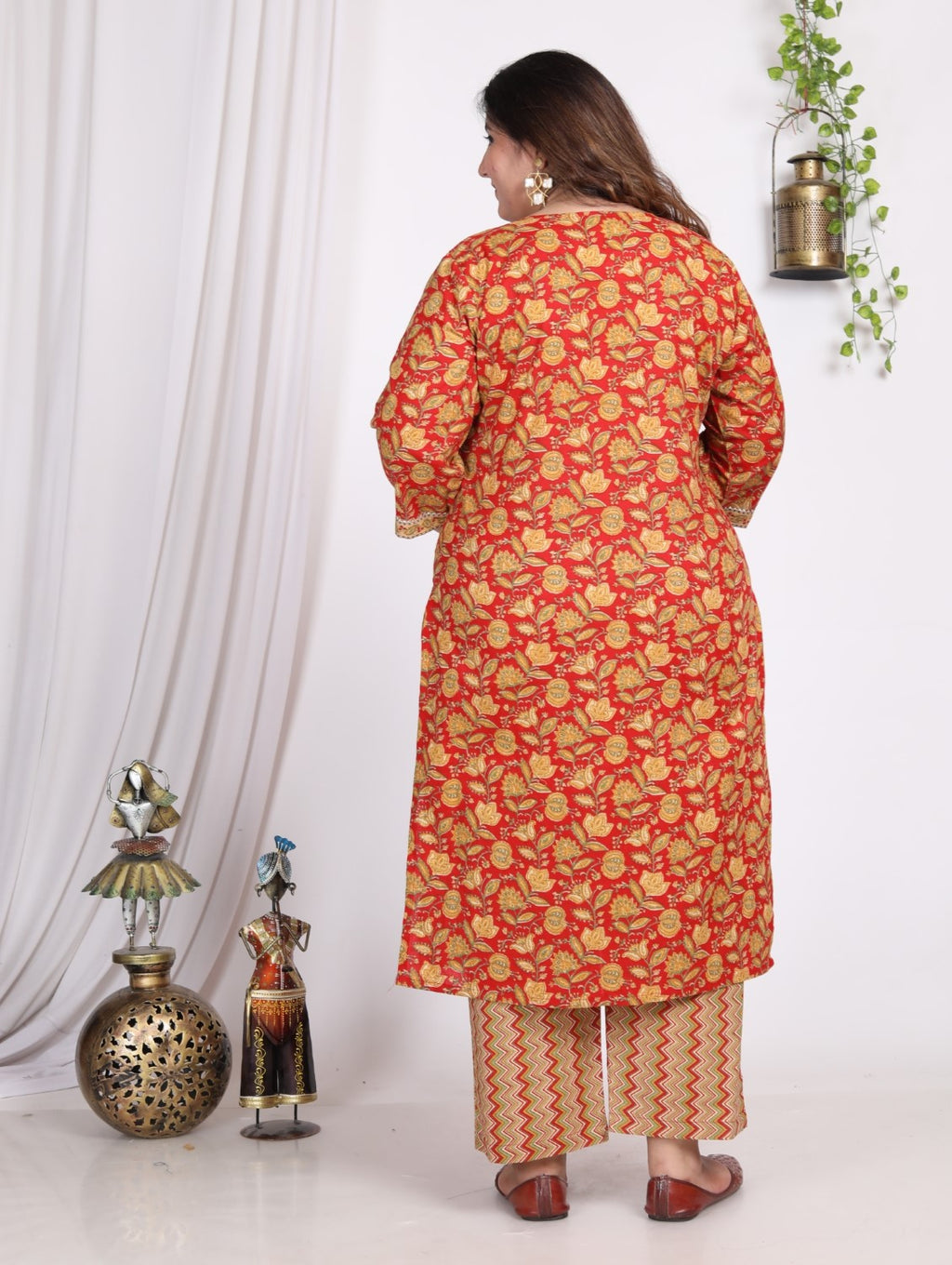 Plus Size Orange Cotton Printed Kurta Pant Set with Dupatta-200009