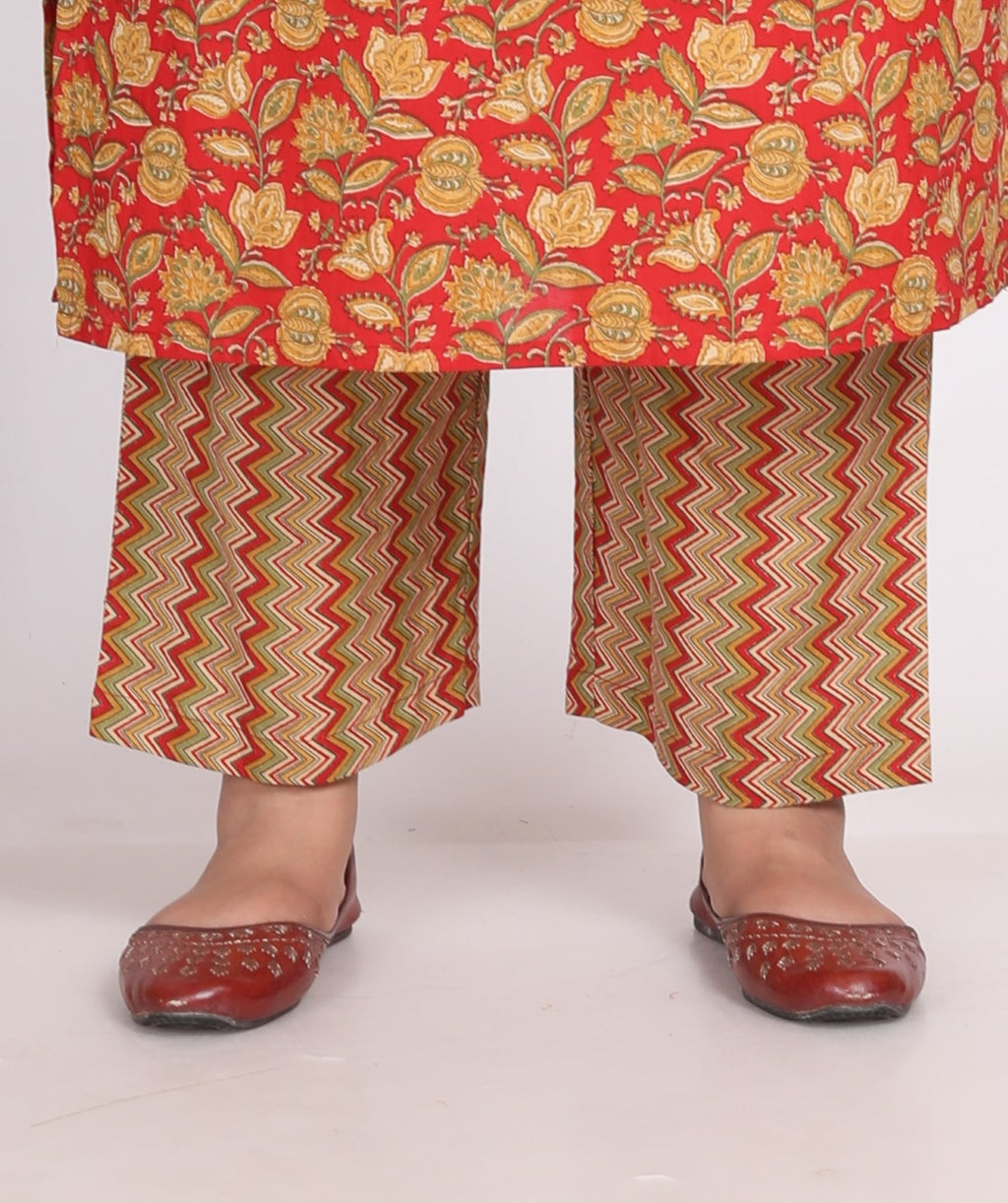 Plus Size Orange Cotton Printed Kurta Pant Set with Dupatta-200009