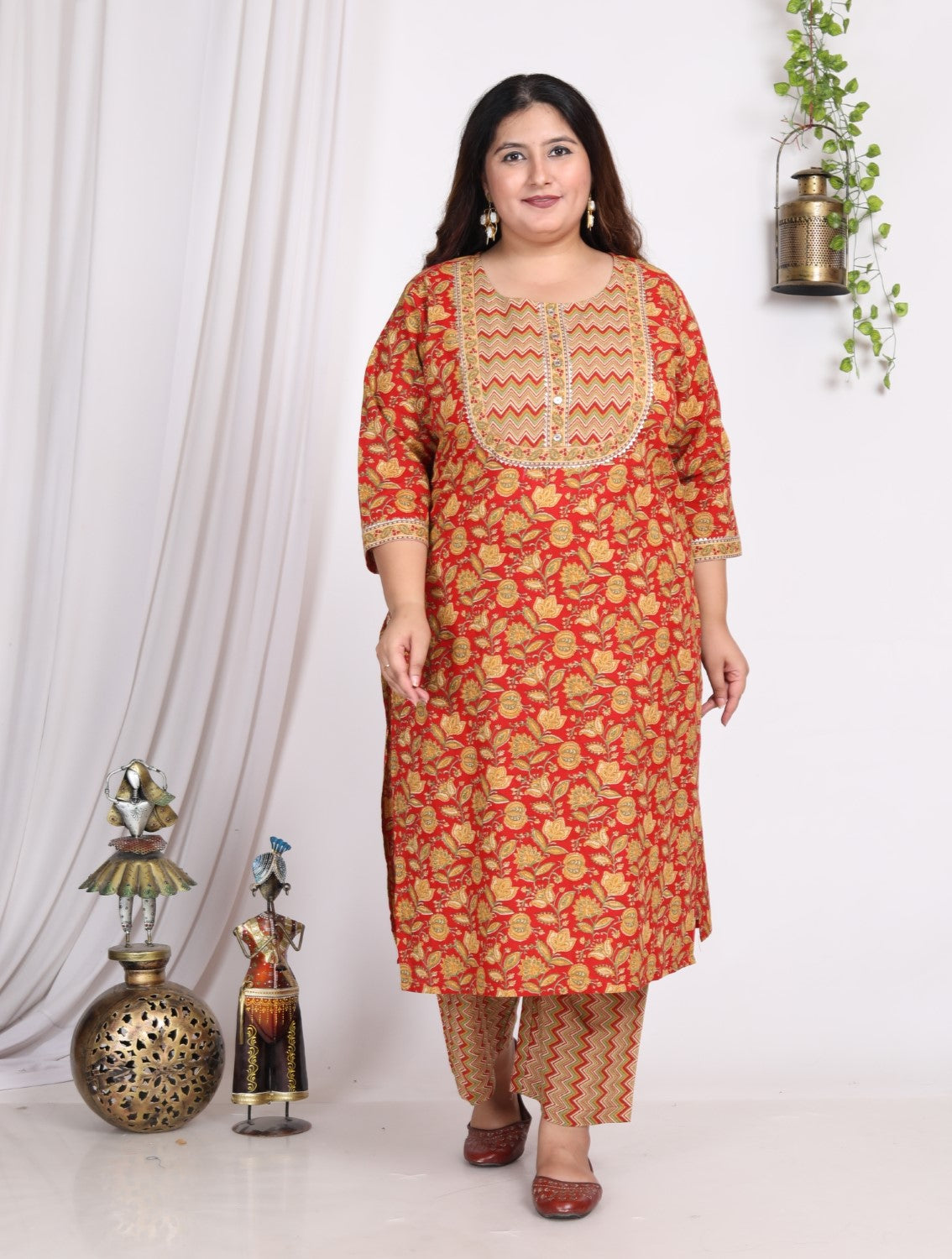 Plus Size Orange Cotton Printed Kurta Pant Set with Dupatta-200009