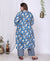 Plus Size Blue Cotton Printed Kurta Pant Set with Dupatta-200010