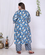 Plus Size Blue Cotton Printed Kurta Pant Set with Dupatta-200010