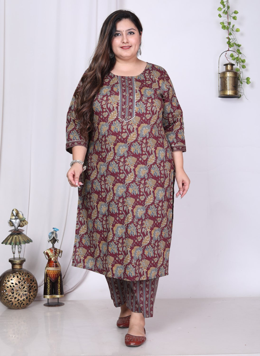 Plus Size Purple Cotton Printed Kurta Pant Set with Dupatta-200011 Main image