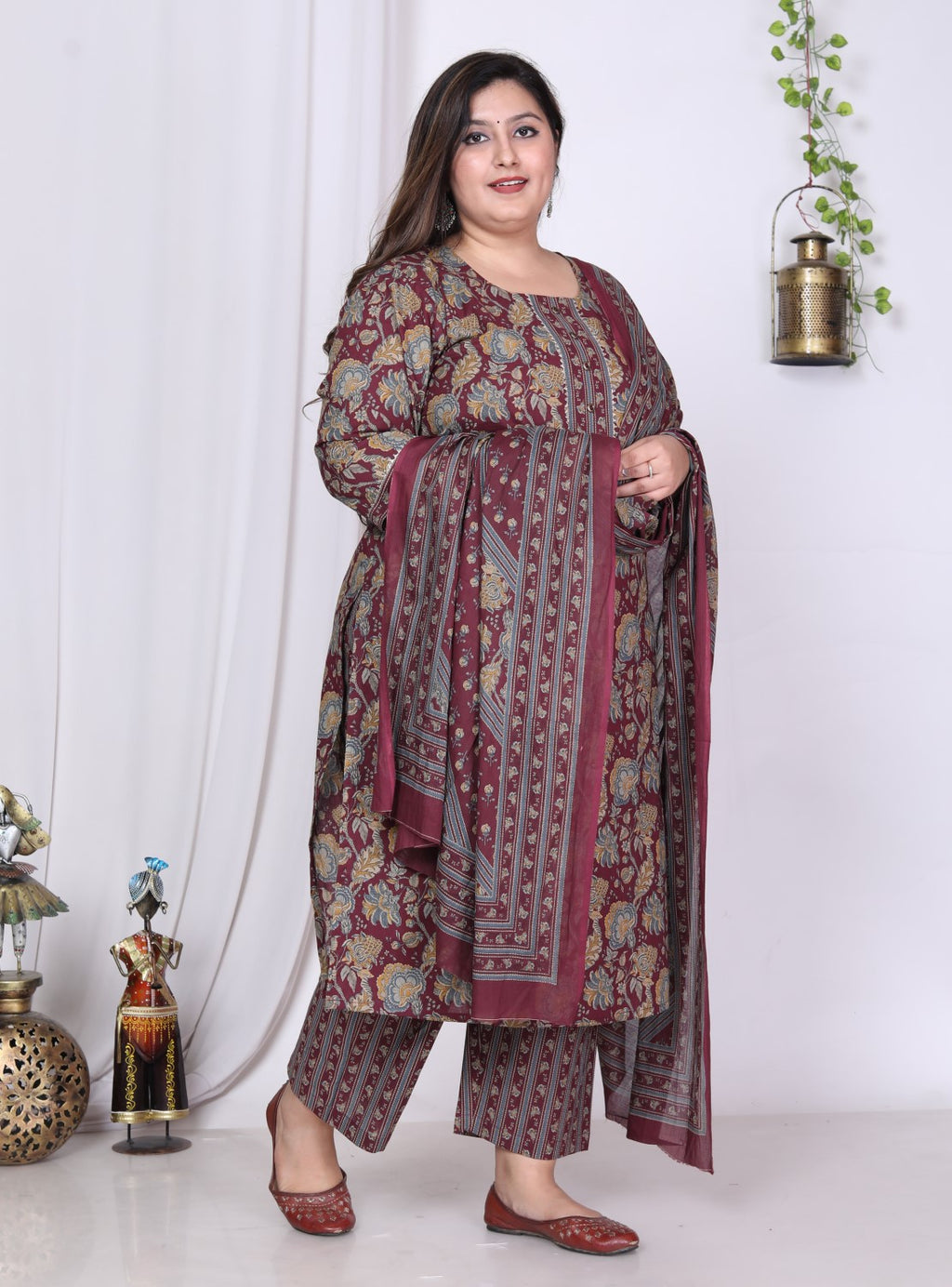 Plus Size Purple Cotton Printed Kurta Pant Set with Dupatta-200011