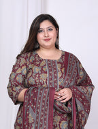Plus Size Purple Cotton Printed Kurta Pant Set with Dupatta-200011