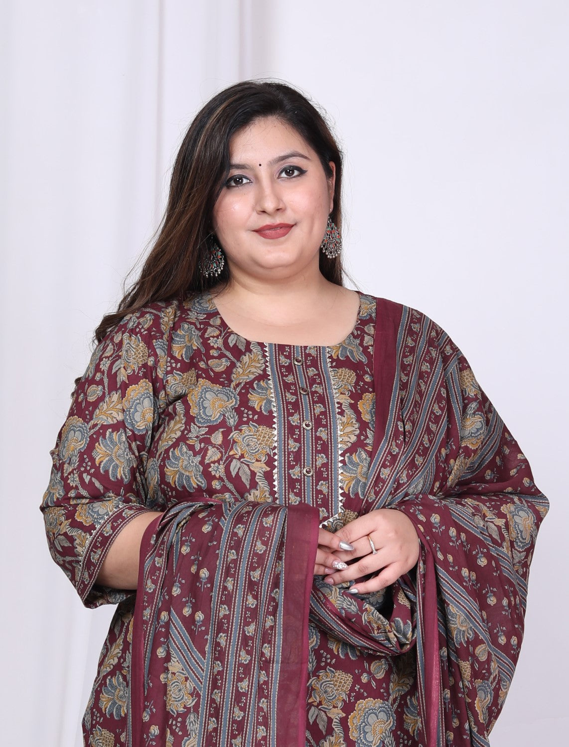 Plus Size Purple Cotton Printed Kurta Pant Set with Dupatta-200011