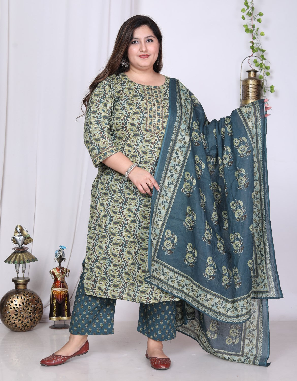Plus Size Green Cotton Printed Kurta Pant Set with Dupatta-200012 Main image