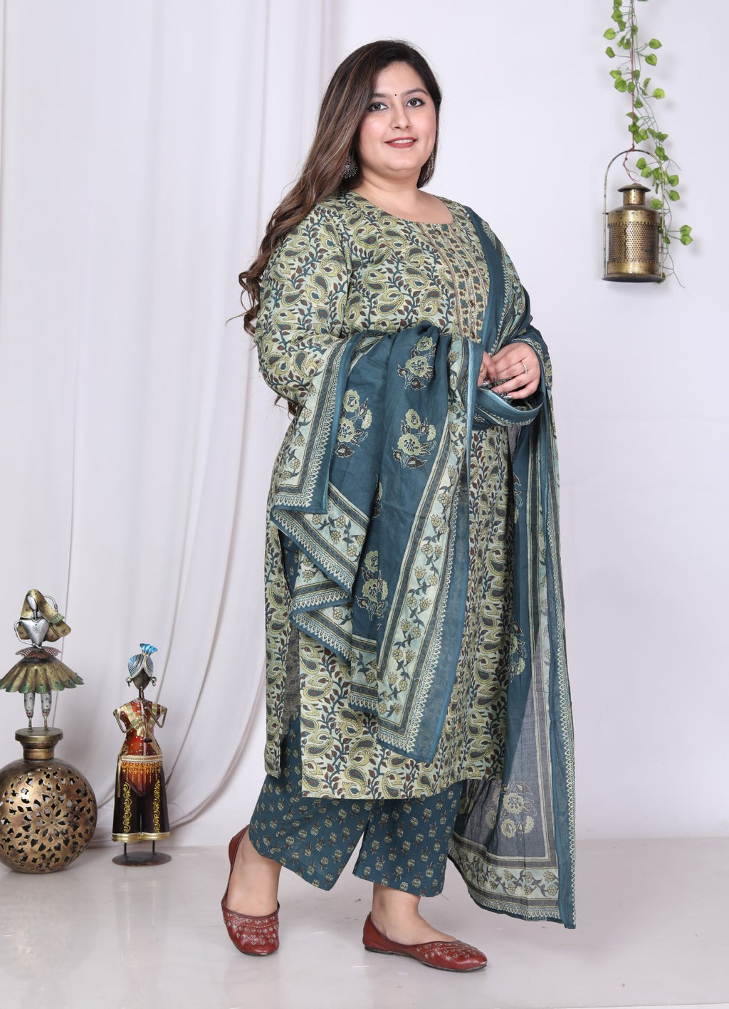 Plus Size Green Cotton Printed Kurta Pant Set with Dupatta-200012