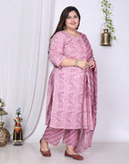 Plus Size Purple Cotton Printed Kurta Pant Set with Dupatta-200014